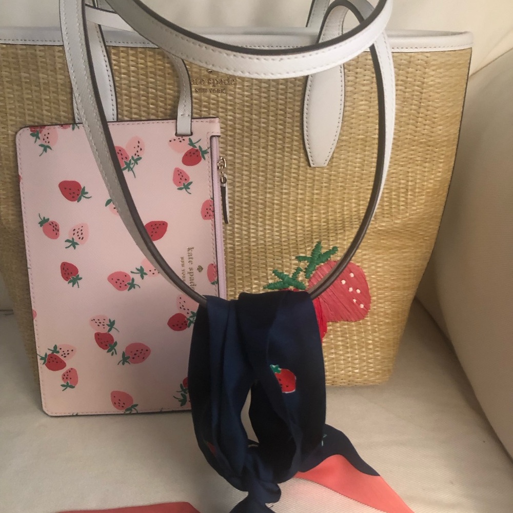 Kate Spade Straw Tote w/Strawberry Appliqué and Scarf - Picture 3 of 5